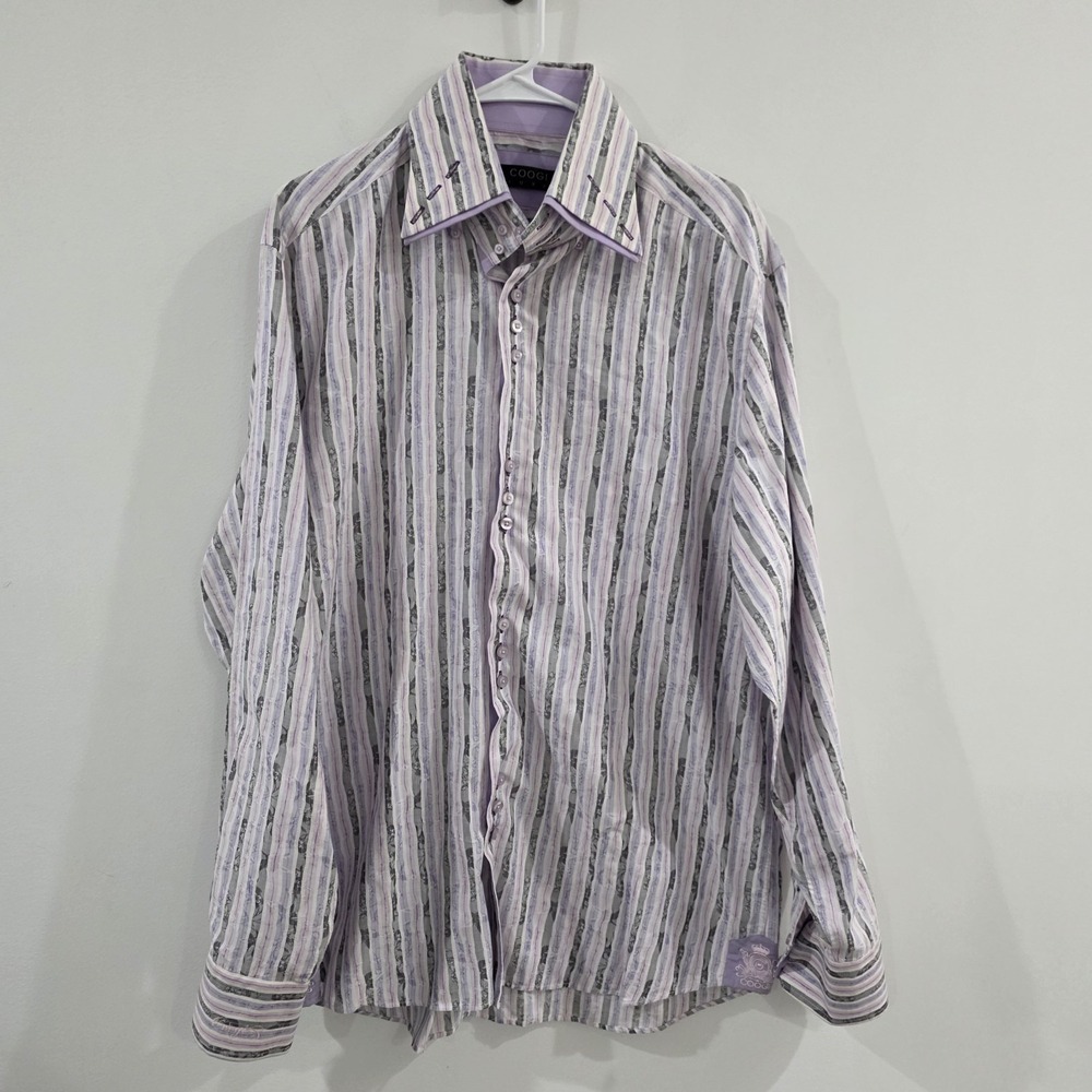 Coogi Luxe Mens Button Down Shirt Size XL Striped Purple‎ Going Out Cigar